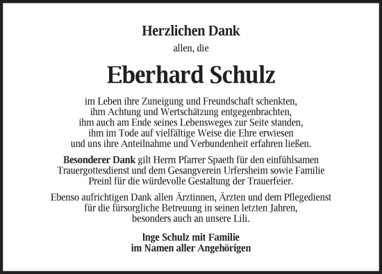 Traueranzeige von Eberhard Schulz von Neustadt/ Scheinfeld/ Uffenheim