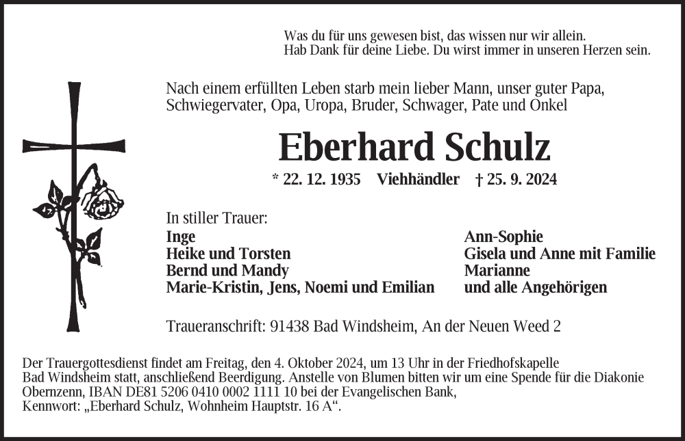  Traueranzeige für Eberhard Schulz vom 01.10.2024 aus Neustadt/ Scheinfeld/ Uffenheim