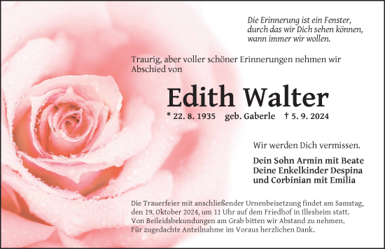 Traueranzeige von Edith Walter von Neustadt/ Scheinfeld/ Uffenheim