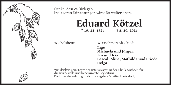 Traueranzeige von Eduard Kötzel von Neustadt/ Scheinfeld/ Uffenheim