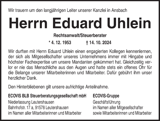 Traueranzeige von Eduard Uhlein von Ansbach