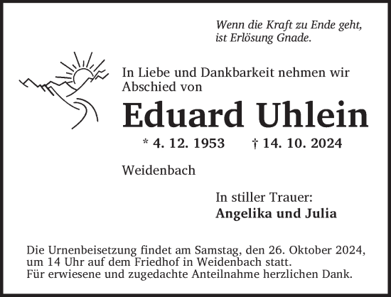 Traueranzeige von Eduard Uhlein von Ansbach