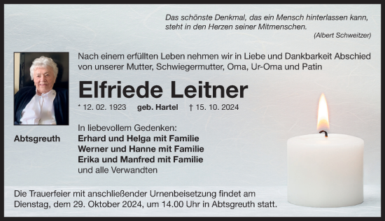 Traueranzeige von Elfriede Leitner von Neustadt/ Scheinfeld/ Uffenheim