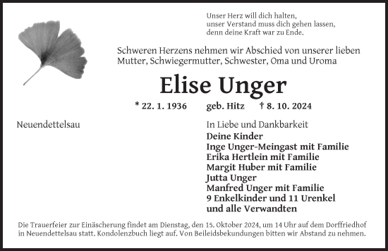 Traueranzeige von Elise Unger von Ansbach