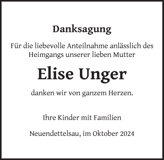 Traueranzeige von Elise Unger von Ansbach