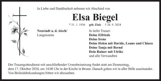 Traueranzeige von Elsa Biegel von Neustadt/ Scheinfeld/ Uffenheim