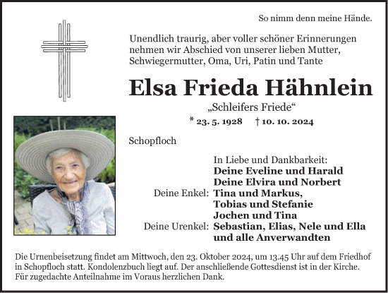 Traueranzeige von Elsa Frieda Hähnlein von Dinkelsbühl/ Feuchtwangen