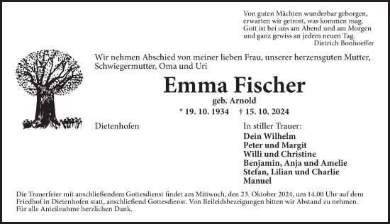 Traueranzeige von Emma Fischer von Ansbach