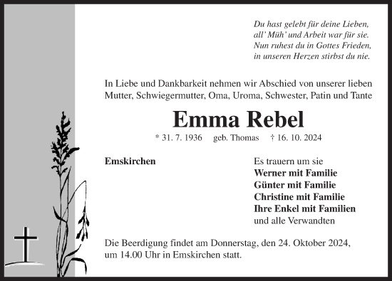 Traueranzeige von Emma Rebel von Neustadt/ Scheinfeld/ Uffenheim