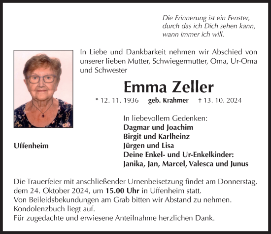 Traueranzeige von Emma Zeller von Neustadt/ Scheinfeld/ Uffenheim