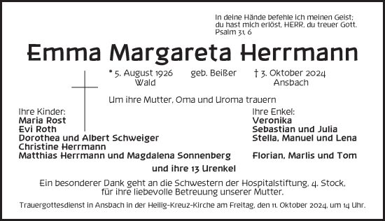 Traueranzeige von Emma Margareta Herrmann von Ansbach