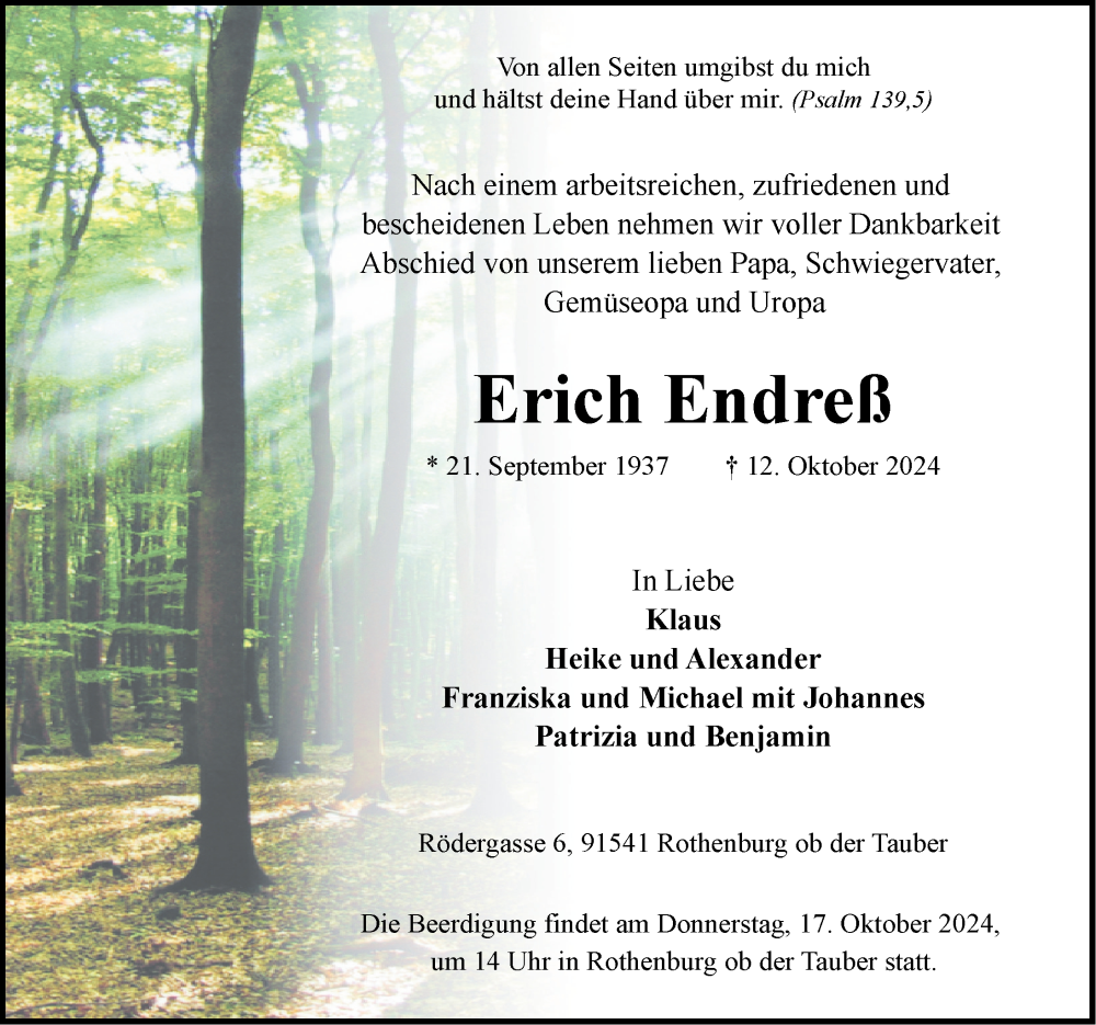  Traueranzeige für Erich Endreß vom 15.10.2024 aus Rothenburg