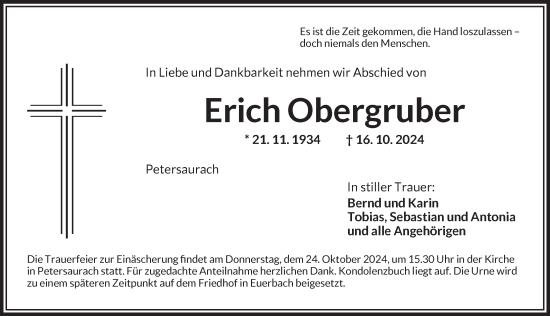 Traueranzeige von Erich Obergruber von Ansbach