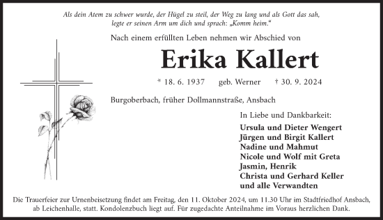 Traueranzeige von Erika Kallert von Ansbach