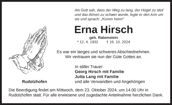 Traueranzeige von Erna Hirsch von Neustadt/ Scheinfeld/ Uffenheim