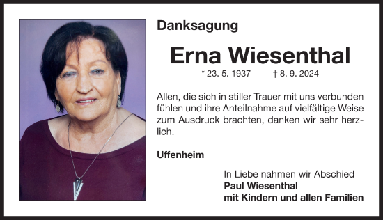 Traueranzeige von Erna Wiesenthal von Neustadt/ Scheinfeld/ Uffenheim