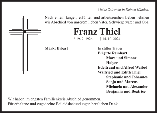 Traueranzeige von Franz Thiel von Neustadt/ Scheinfeld/ Uffenheim