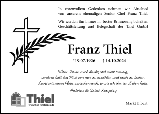 Traueranzeige von Franz Thiel von Neustadt/ Scheinfeld/ Uffenheim