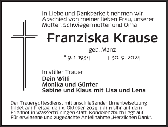 Traueranzeige von Franziska Krause von Dinkelsbühl/ Feuchtwangen