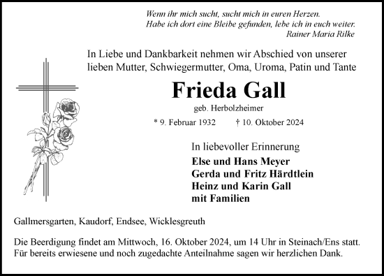 Traueranzeige von Frieda Gall von Ansbach