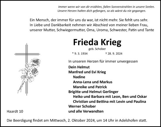 Traueranzeige von Frieda Krieg von Rothenburg