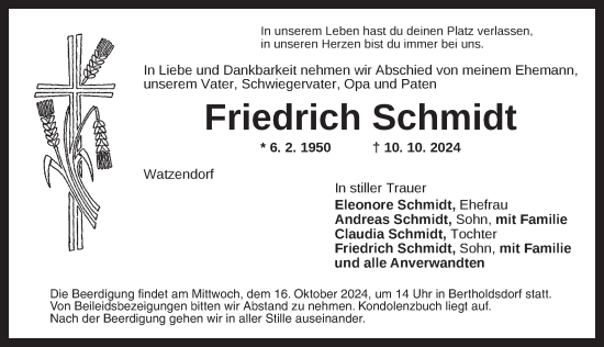 Traueranzeige von Friedrich Schmidt von Ansbach