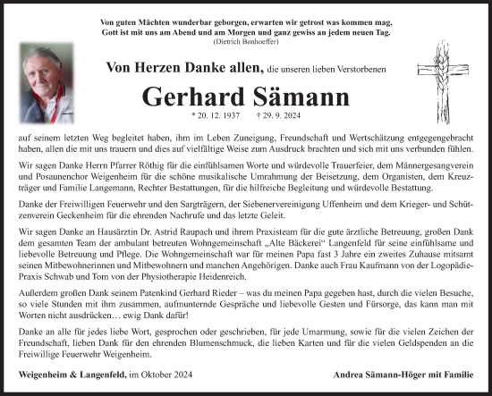 Traueranzeige von Gerhard Sämann von Neustadt/ Scheinfeld/ Uffenheim