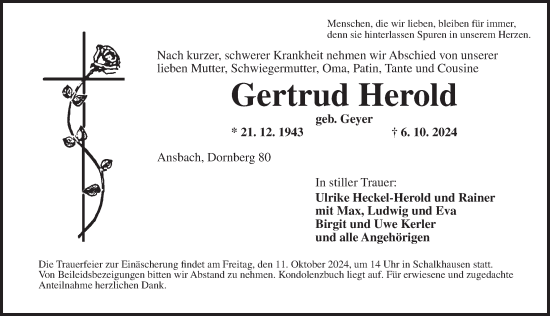 Traueranzeige von Gertrud Herold von Ansbach