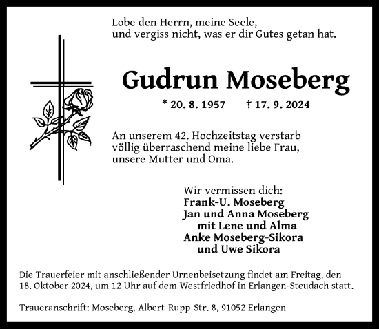 Traueranzeige von Gudrun Moseberg von Dinkelsbühl/ Feuchtwangen