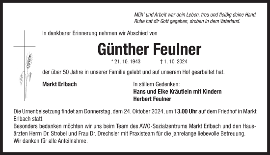 Traueranzeige von Günther Feulner von Neustadt/ Scheinfeld/ Uffenheim