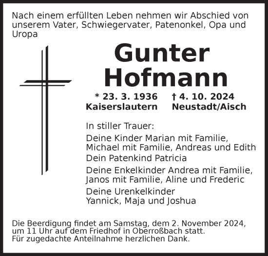 Traueranzeige von Gunter Hofmann von Neustadt/ Scheinfeld/ Uffenheim