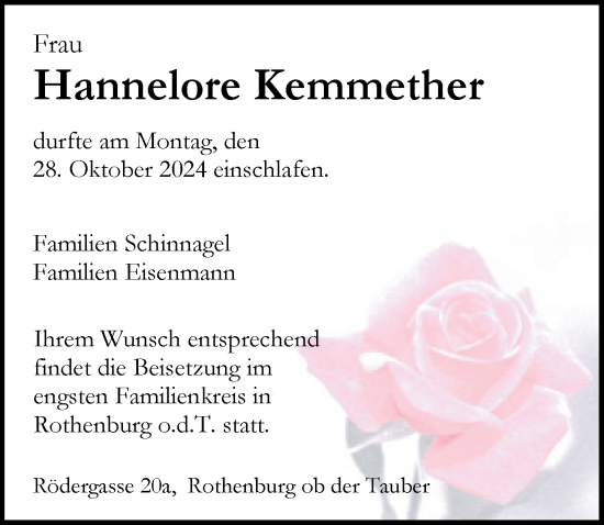 Traueranzeige von Hannelore Kemmether von Rothenburg