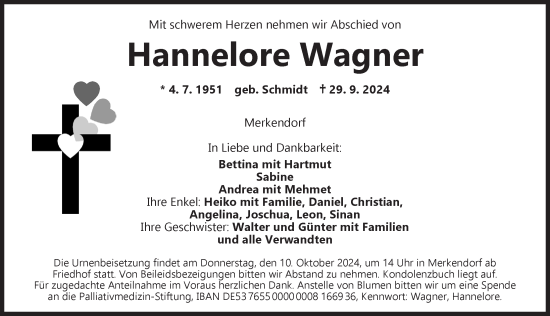 Traueranzeige von Hannelore Wagner von Ansbach