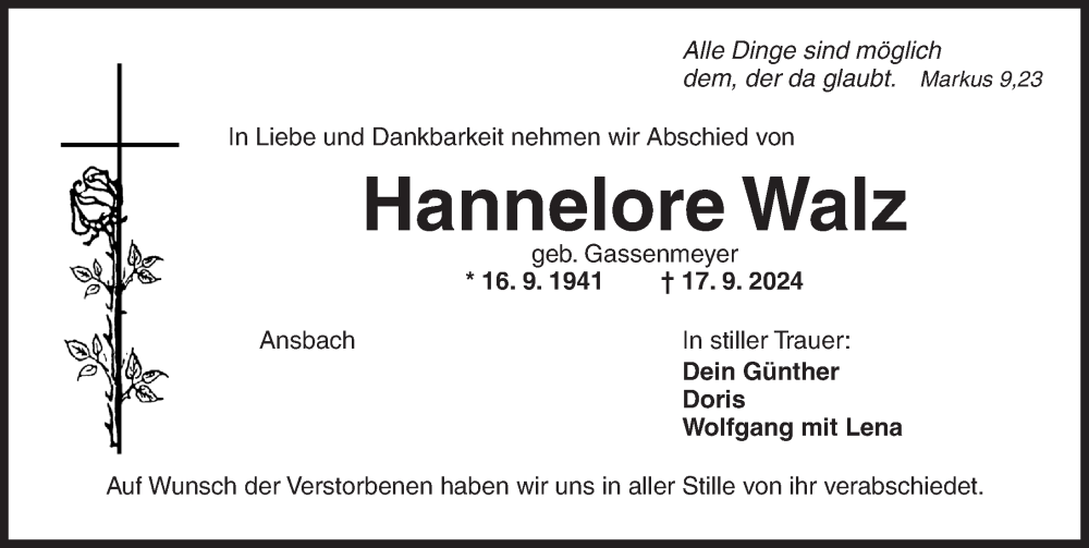  Traueranzeige für Hannelore Walz vom 12.10.2024 aus Ansbach