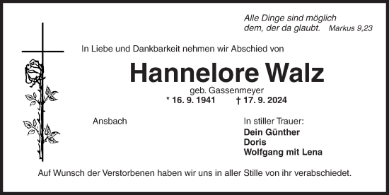 Traueranzeige von Hannelore Walz von Ansbach