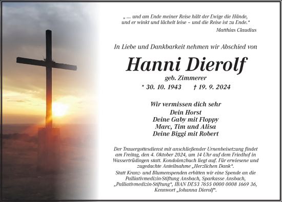 Traueranzeige von Hanni Dierolf von Dinkelsbühl/ Feuchtwangen