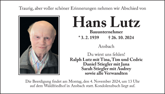 Traueranzeige von Hans Lutz von GE