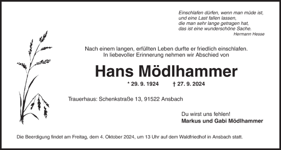 Traueranzeige von Hans Mödlhammer von Ansbach