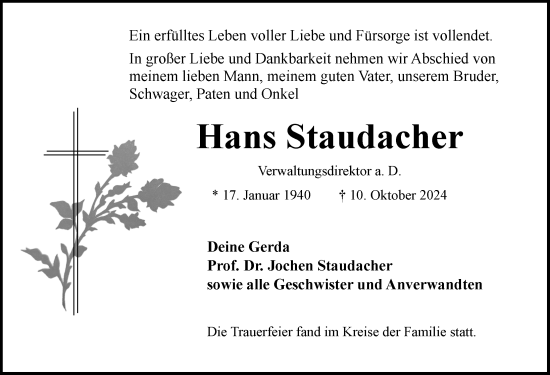 Traueranzeige von Hans Staudacher von Rothenburg