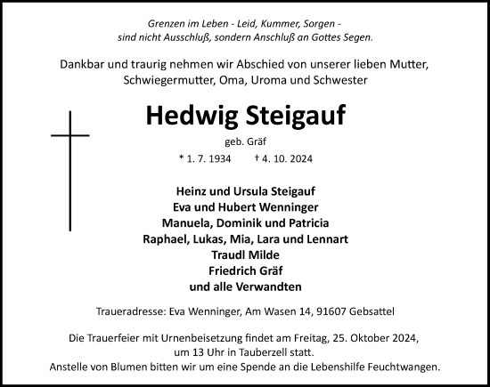 Traueranzeige von Hedwig Steigauf von Rothenburg