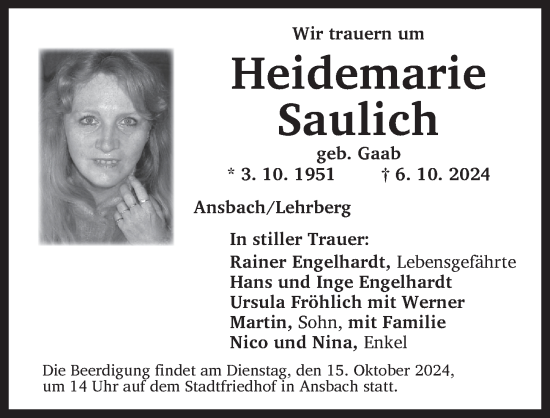 Traueranzeige von Heidemarie Saulich von GE