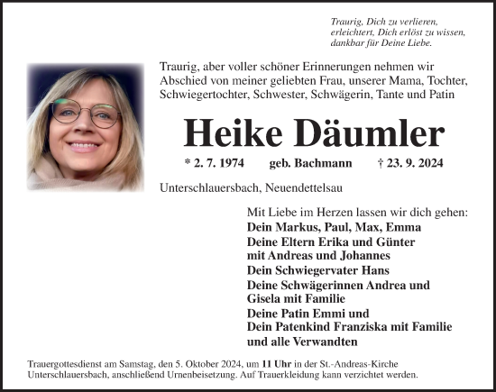 Traueranzeige von Heike Däumler von Ansbach