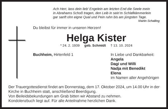 Traueranzeige von Helga Kister von Neustadt/ Scheinfeld/ Uffenheim