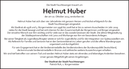 Traueranzeige von Helmut Huber von Dinkelsbühl/ Feuchtwangen