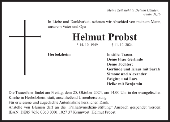 Traueranzeige von Helmut Probst von Neustadt/ Scheinfeld/ Uffenheim