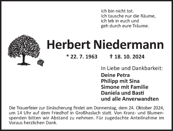 Traueranzeige von Herbert Niedermann von Ansbach