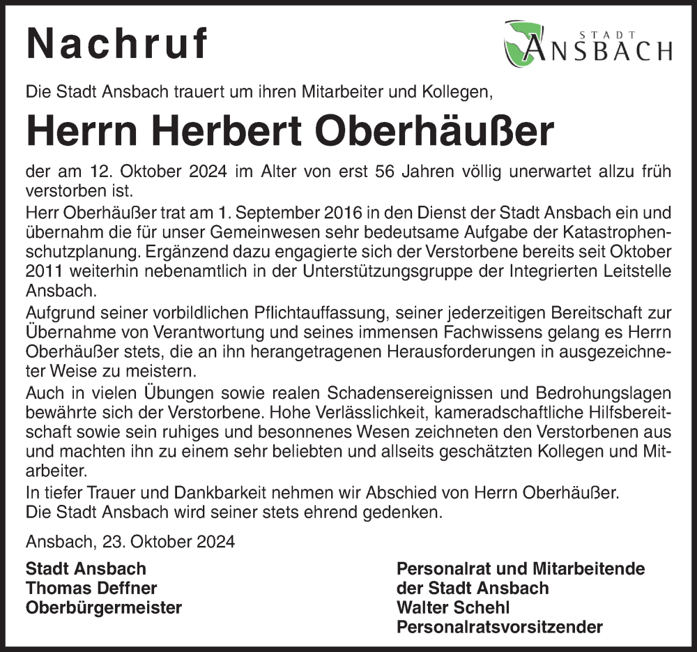  Traueranzeige für Herbert Oberhäußer vom 24.10.2024 aus Ansbach