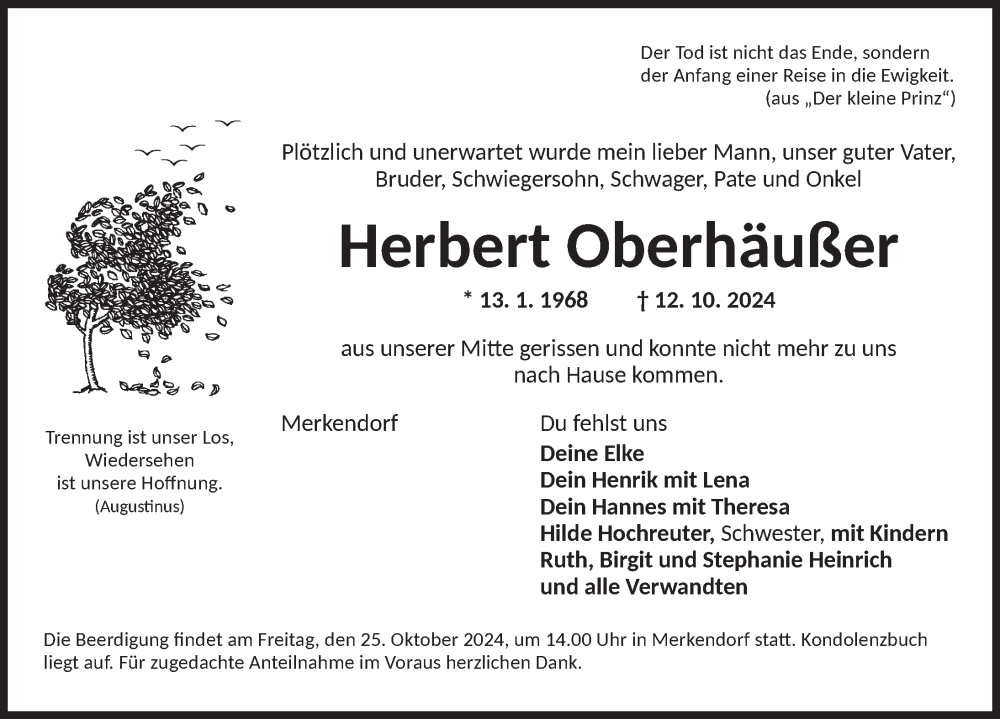  Traueranzeige für Herbert Oberhäußer vom 24.10.2024 aus Ansbach