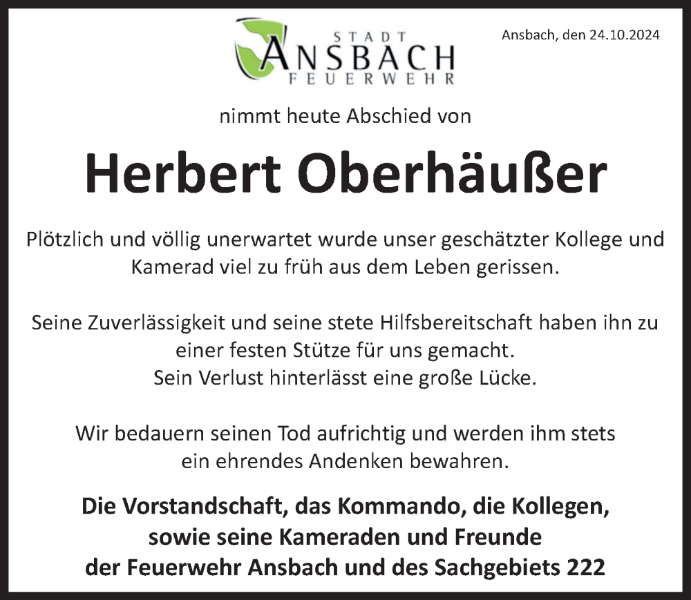  Traueranzeige für Herbert Oberhäußer vom 24.10.2024 aus Ansbach