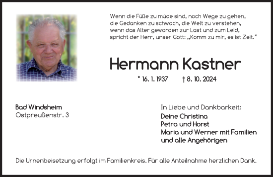 Traueranzeige von Hermann Kastner von Neustadt/ Scheinfeld/ Uffenheim